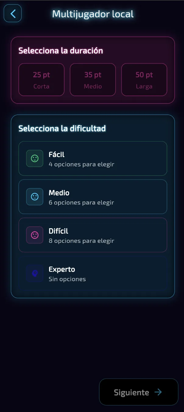 Utagami multijugador local - configuración de duración y dificultad