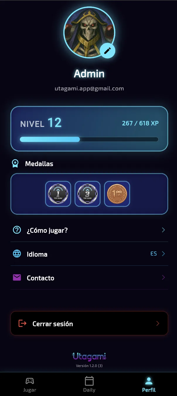 Utagami Perfil - Nivel 12, XP, medallas desbloqueadas