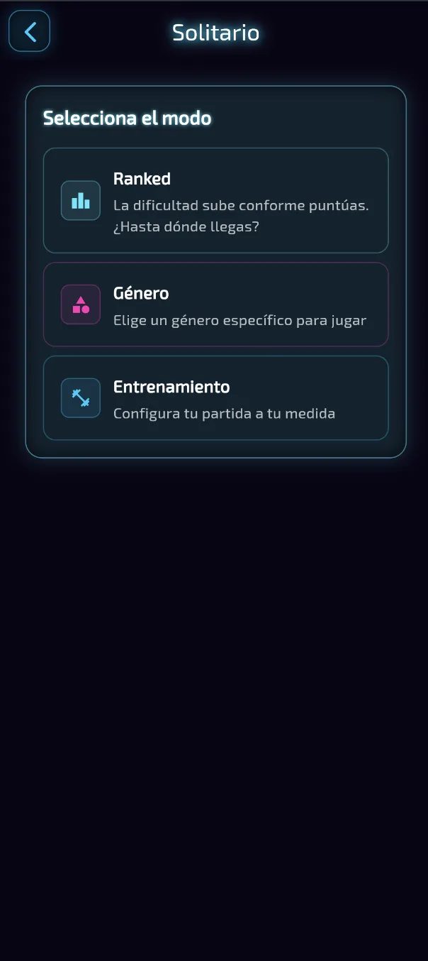 Utagami - Selector de modos de juego: Ranked, Género y Entrenamiento
